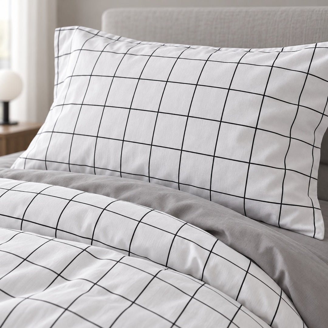 Modern Plain Grid Bedding Set Duvet Cover Flat Sheet and Pillow Cases Cotton Material
