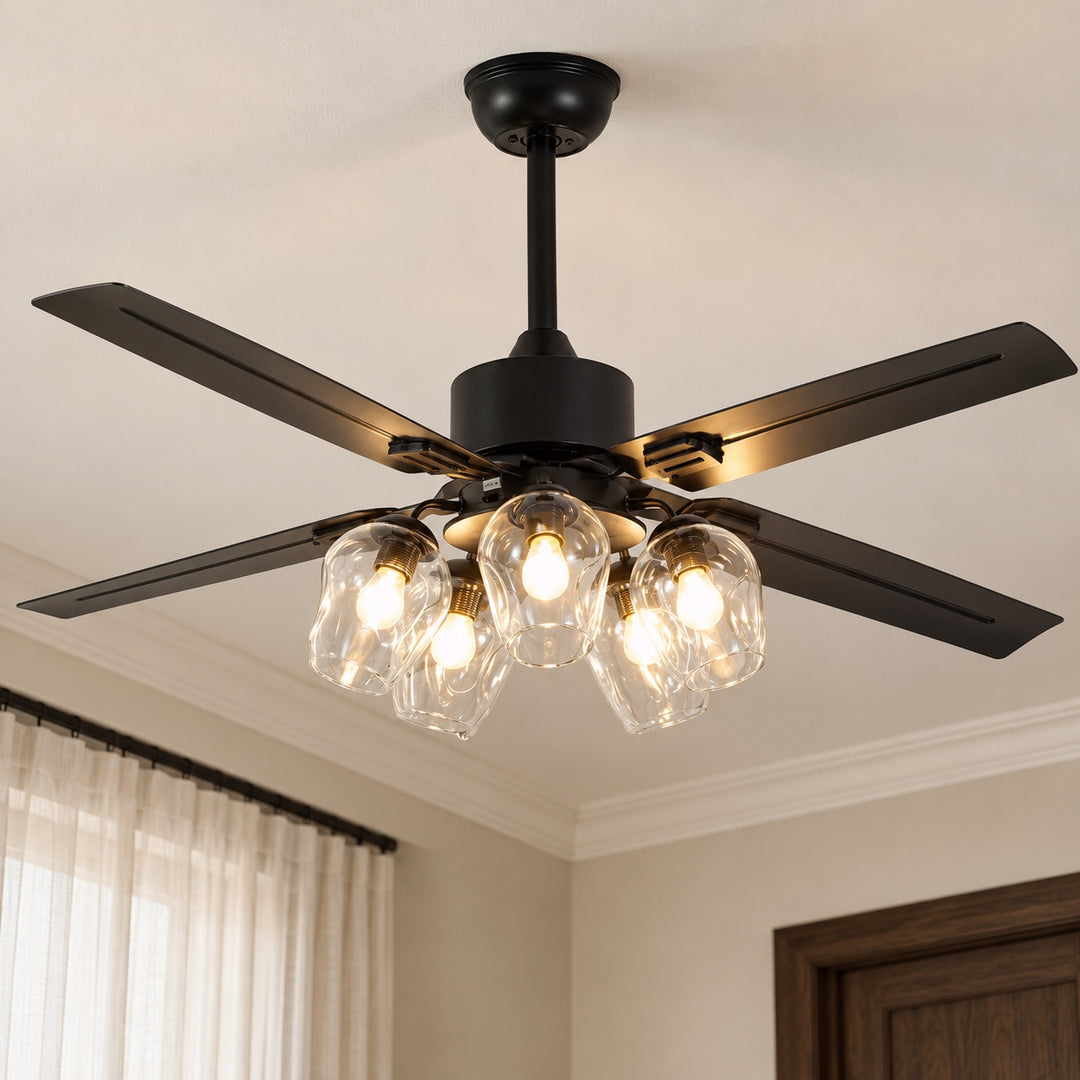 Vintage Black Ceiling Fan Light Flush Mount Metal with Integrated LED Illumination