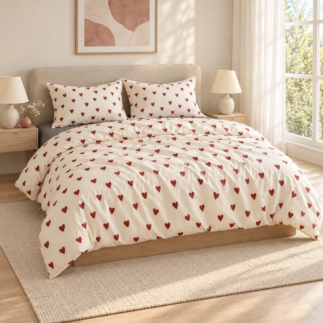 Vintage Aesthetic Bedding Set with Red Hearts Print Duvet Cover and Flat Sheet Cotton Material