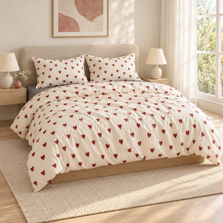 Vintage Aesthetic Bedding Set with Red Hearts Print Duvet Cover and Flat Sheet Cotton Material