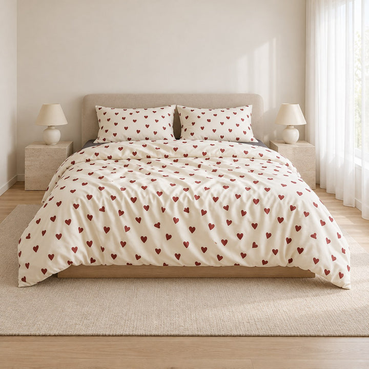 Vintage Aesthetic Bedding Set with Red Hearts Print Duvet Cover and Flat Sheet Cotton Material