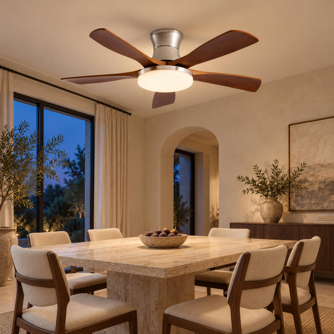 Modern Ceiling Fan with Lights Flush Mount Metal Frame Wooden Blades Integrated LED 6-Speed Control