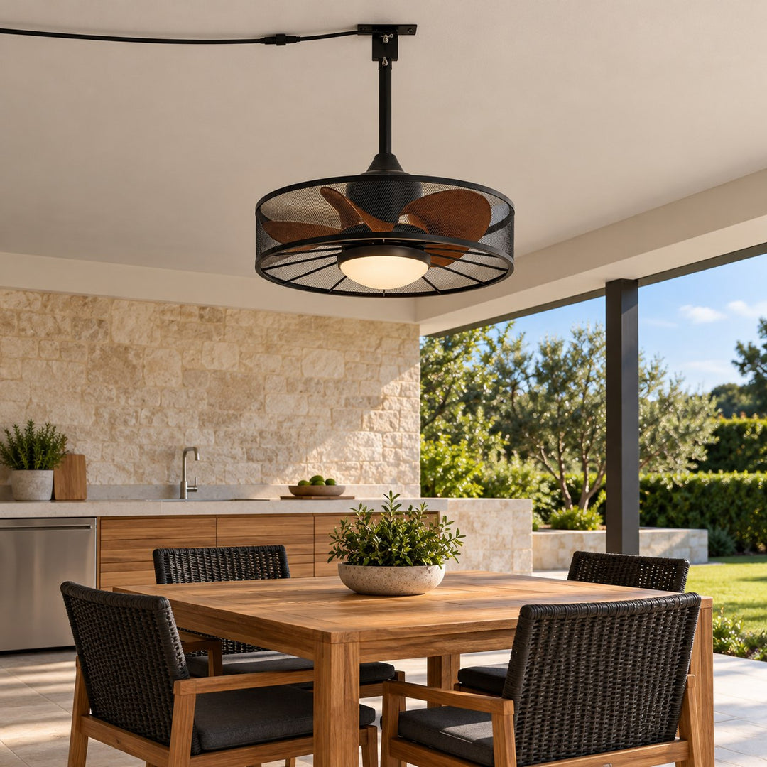 Rustic Outdoor Ceiling Fan with Light Flush Mount Iron Frame LED Colour Temperature Control