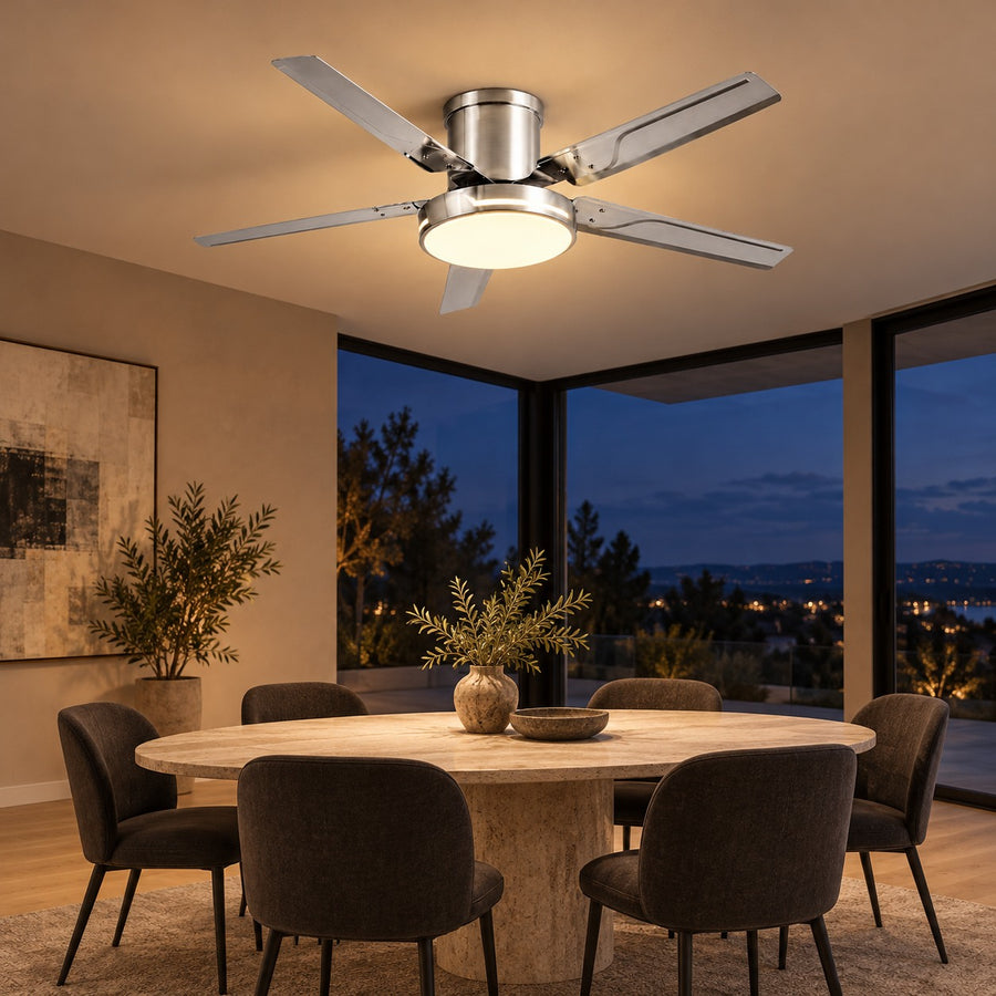 Modern Ceiling Fan with Lights Flush Mount Iron Frame 48W LED Dimmable 6-Speed DC Motor in the evening