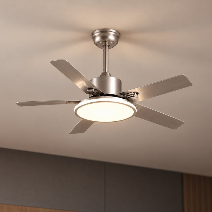 Modern Flush Mount Ceiling Fan Light Stainless Steel Acrylic LED 6-Speed DC Motor