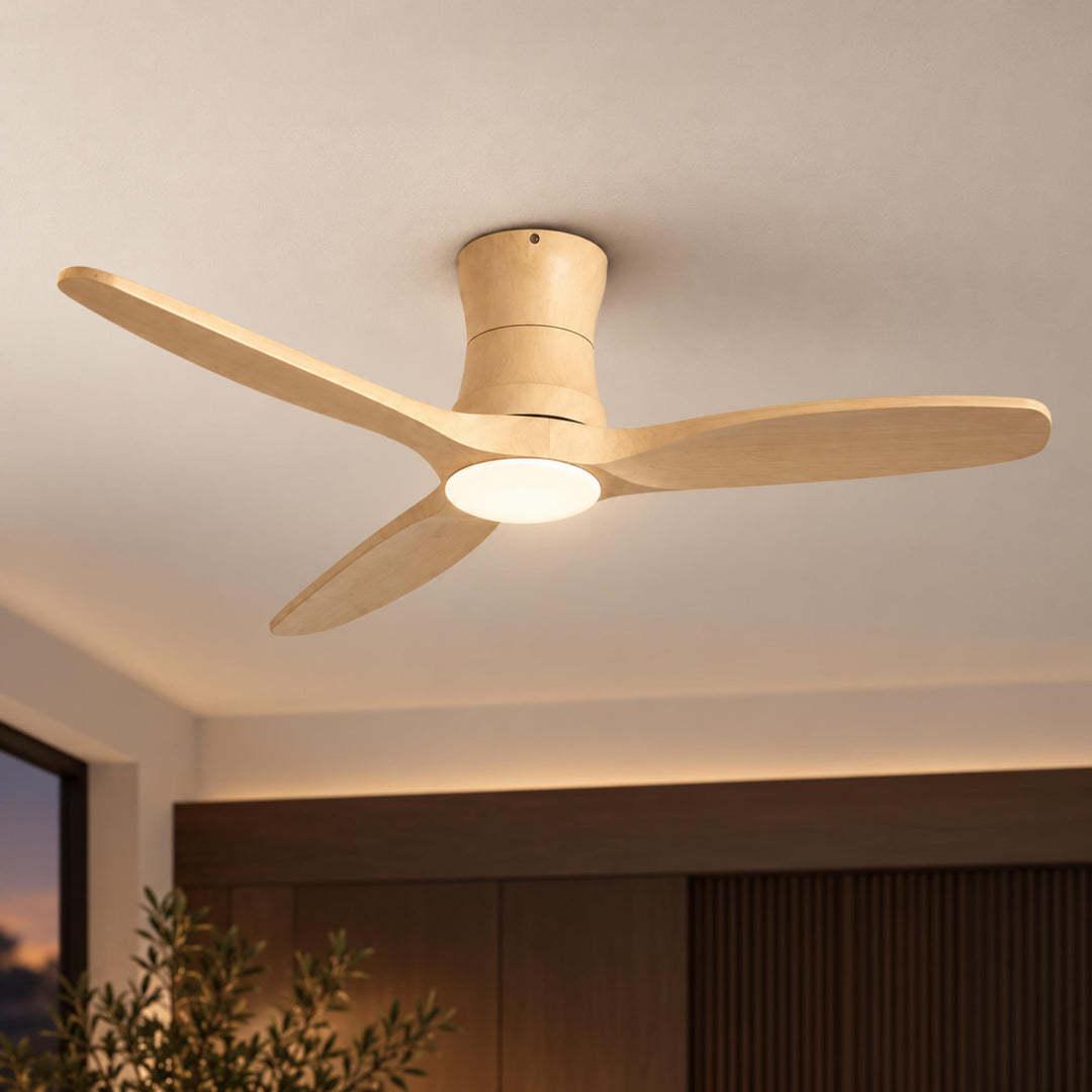 Modern Ceiling Fan Flush Mount Solid Wood Blades Integrated Dimmable LED Light Remote Control 52 Inch