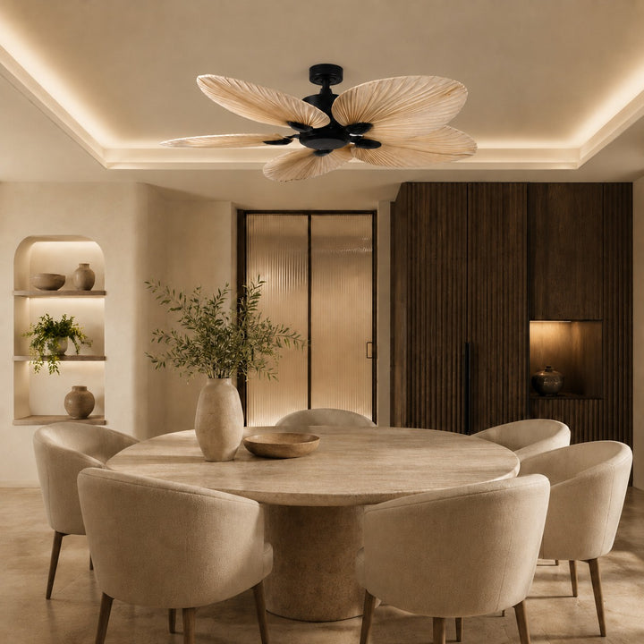 Modern Ceiling Fan with Palm Leaf Blades Iron Frame Remote Control Quiet Motor 110V 240V
