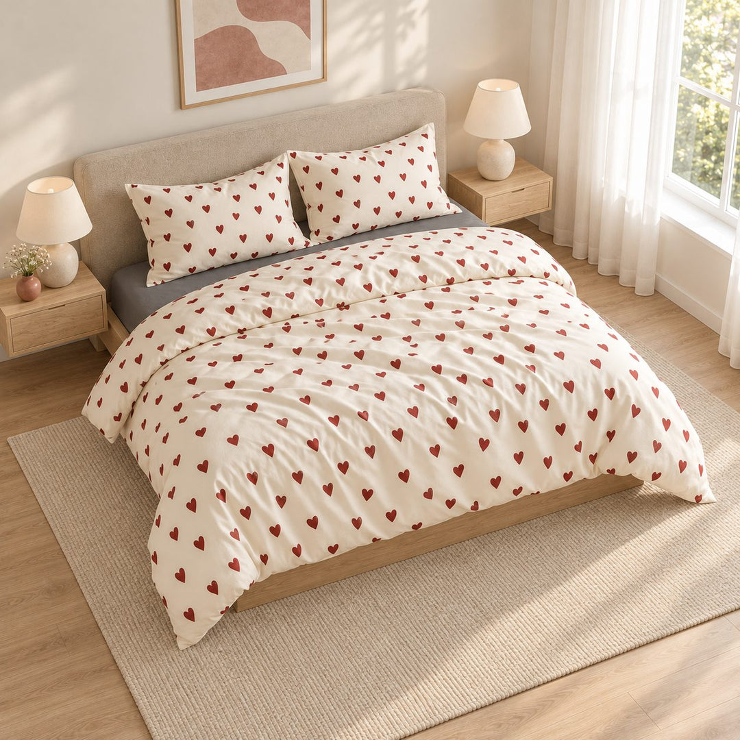 Vintage Aesthetic Bedding Set with Red Hearts Print Duvet Cover and Flat Sheet Cotton Material
