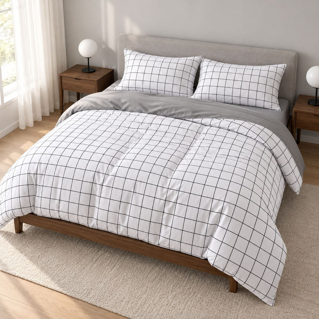 Modern Plain Grid Bedding Set Duvet Cover Flat Sheet and Pillow Cases Cotton Material