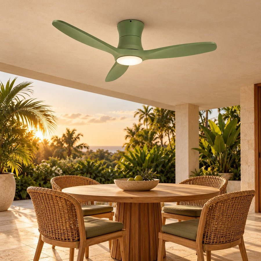 Modern Ceiling Fan Flush Mount Solid Wood Blades Integrated Dimmable LED Light Remote Control 52 Inch in the green finish