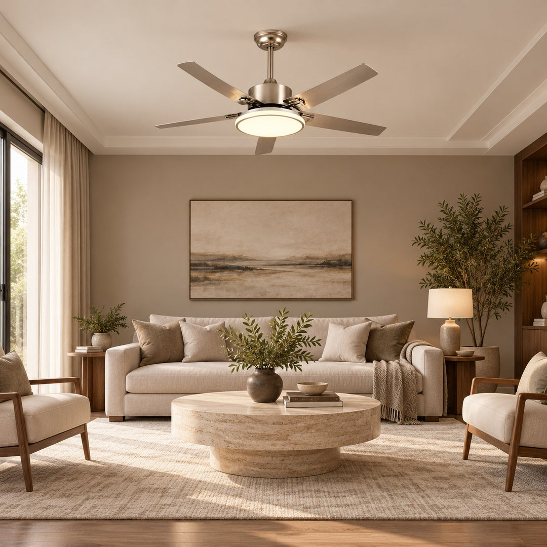 Modern Flush Mount Ceiling Fan Light Stainless Steel Acrylic LED 6-Speed DC Motor