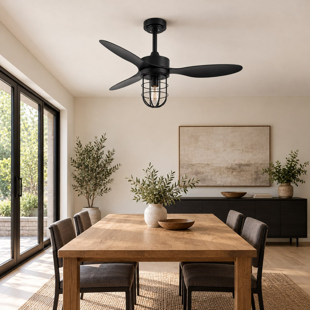 Modern Ceiling Fan Flush Mount with Iron Cage Light Wood Blades Quiet DC Motor 6-Speed