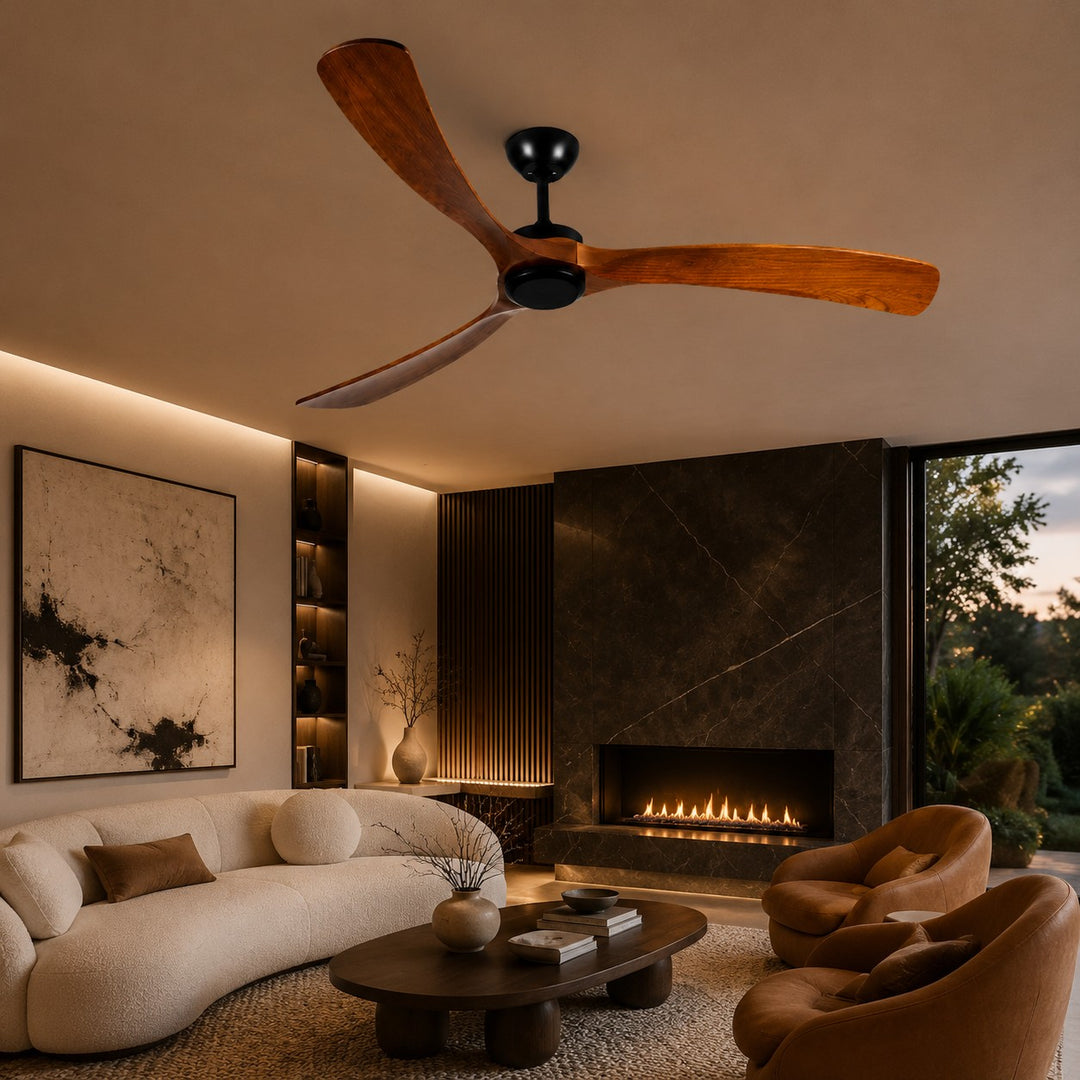 Modern Outdoor Ceiling Fan with Walnut Wood Blades IP65 Waterproof 6-Speed Quiet Motor