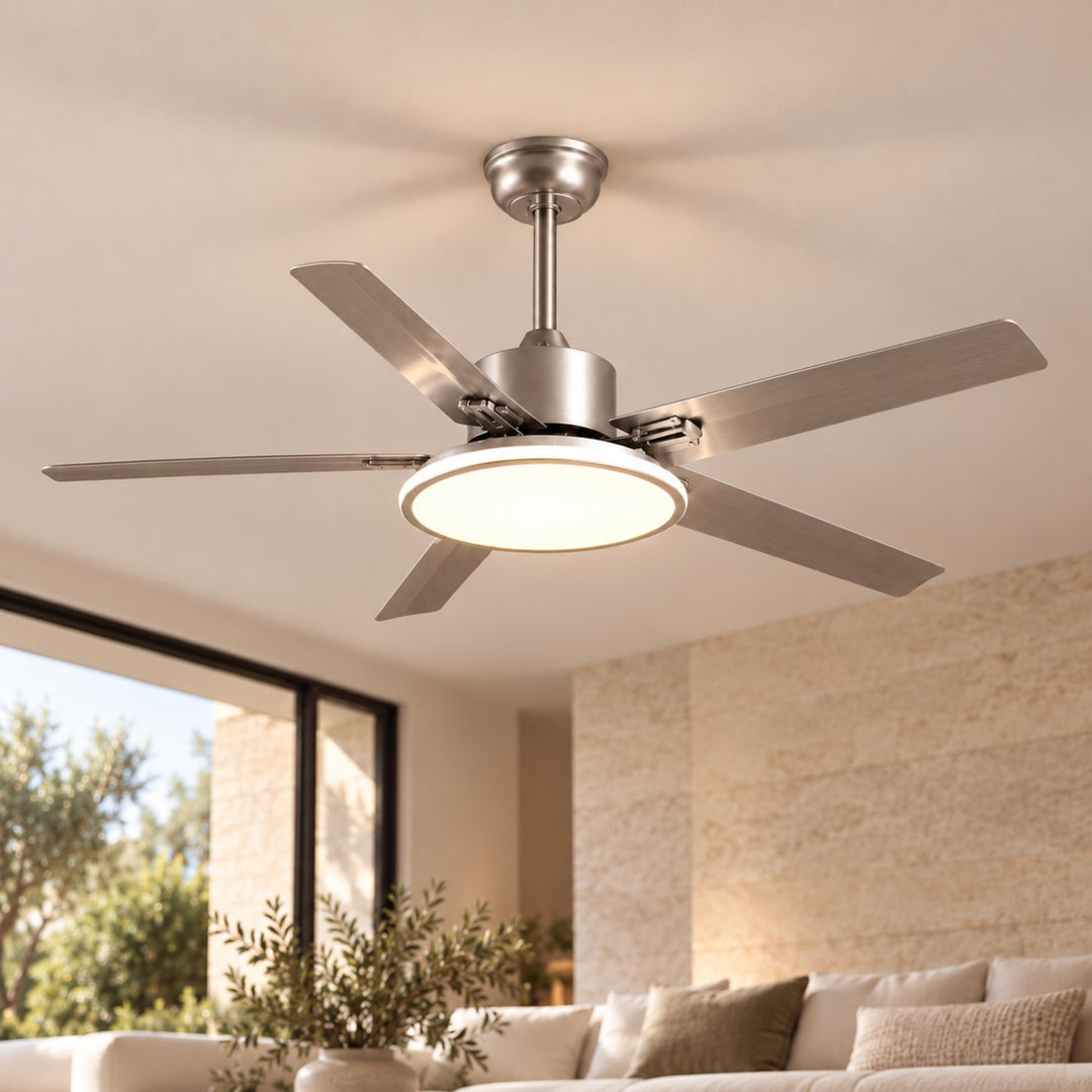 Modern Flush Mount Ceiling Fan Light Stainless Steel Acrylic LED 6-Speed DC Motor