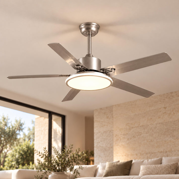 Modern Flush Mount Ceiling Fan Light Stainless Steel Acrylic LED 6-Speed DC Motor