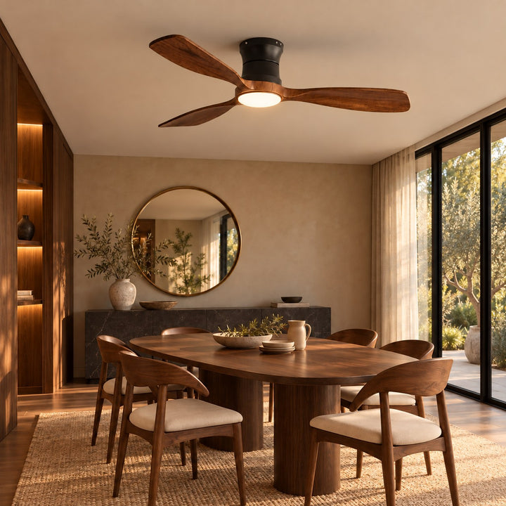 Modern Ceiling Fan 48 Inch Flush Mount Solid Wood Blades Dimmable LED Light Remote Control