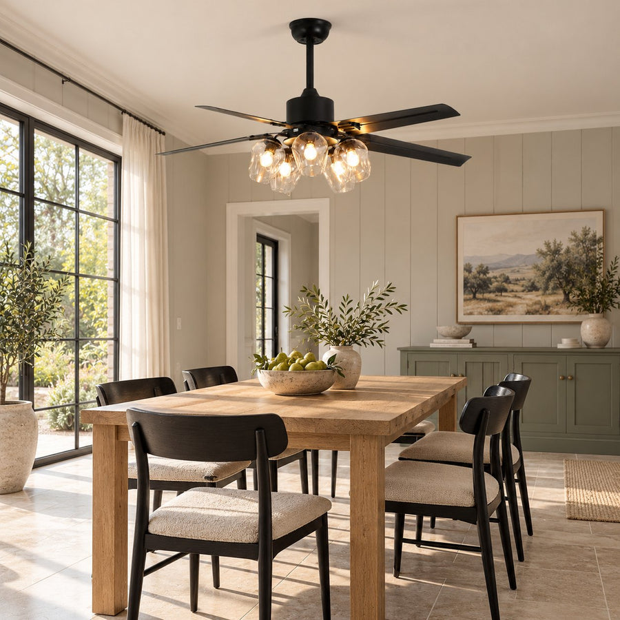 Vintage Black Ceiling Fan Light Flush Mount Metal with Integrated LED Illumination in the dining room