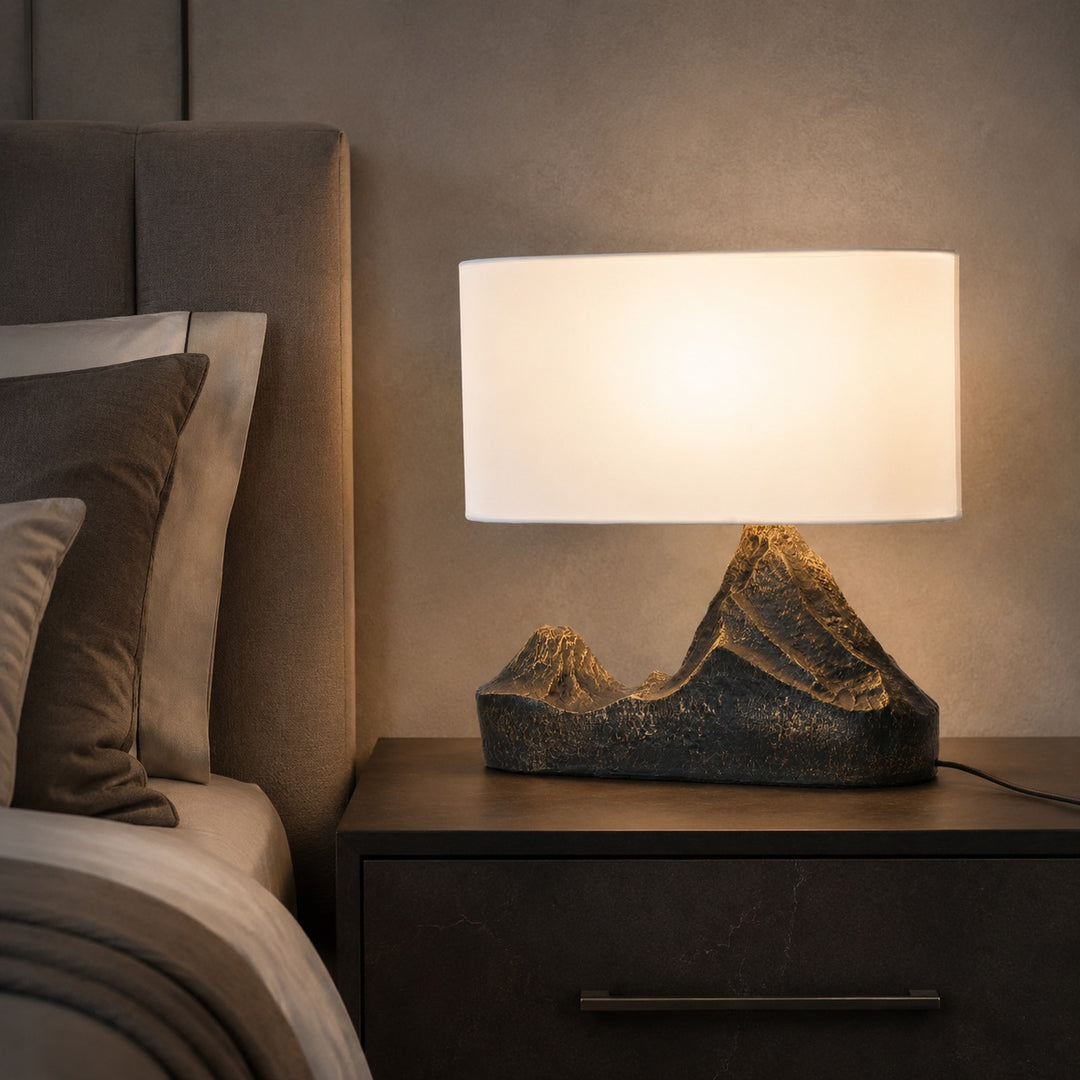 Modern Table Lamp with Bronze Finish and White Fabric Shade for Bedroom or Living Room Use