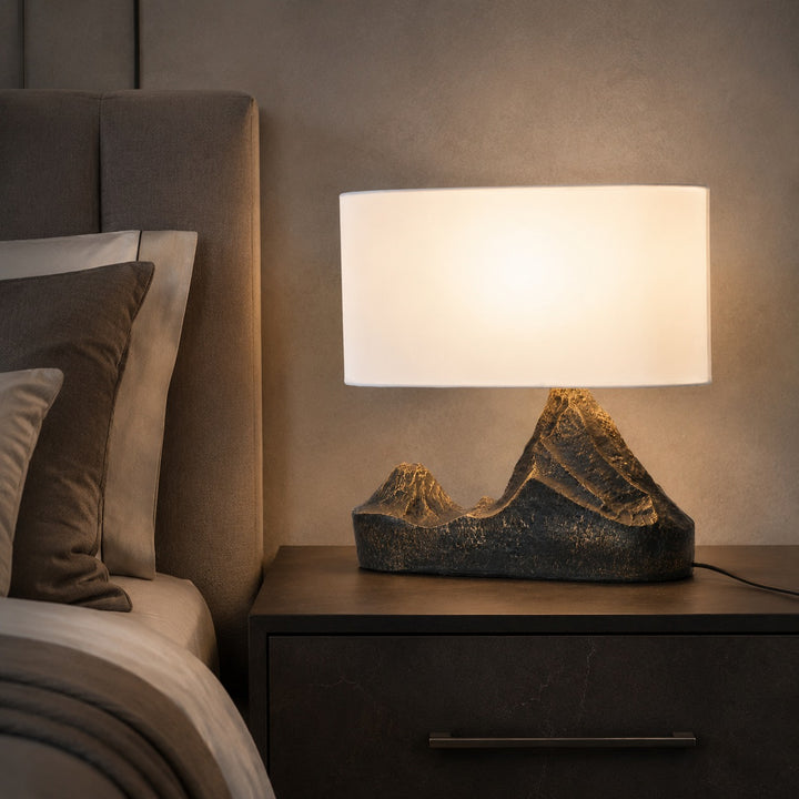 Modern Table Lamp with Bronze Finish and White Fabric Shade for Bedroom or Living Room Use