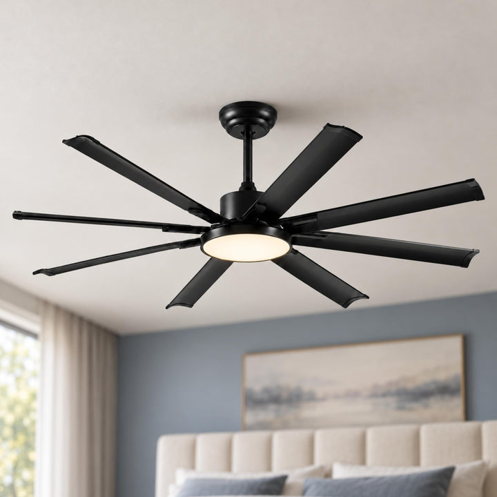 Modern Ceiling Fan Flush Mount Black Aluminium 8-Blade Full-Spectrum LED Quiet DC Motor