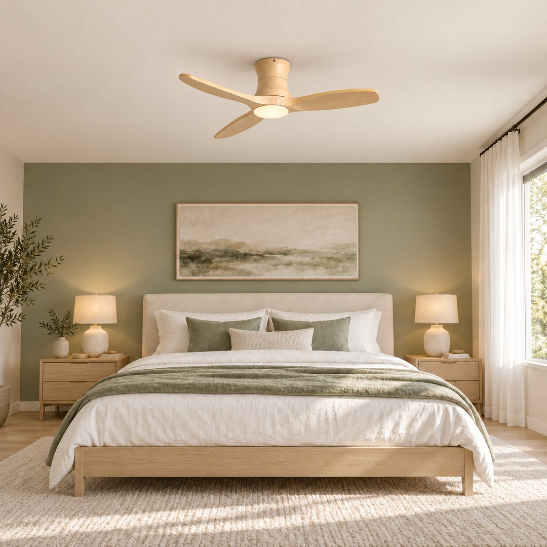 Modern Ceiling Fan Flush Mount Solid Wood Blades Integrated Dimmable LED Light Remote Control 52 Inch