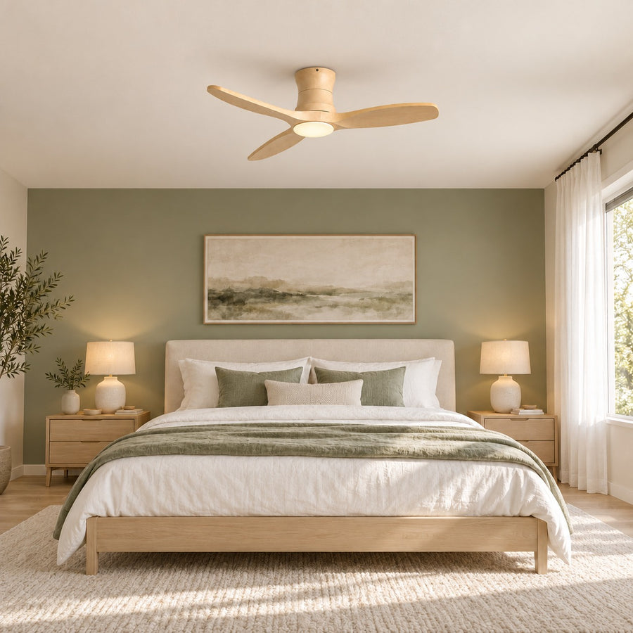 Modern Ceiling Fan Flush Mount Solid Wood Blades Integrated Dimmable LED Light Remote Control 52 Inch in the bedroom