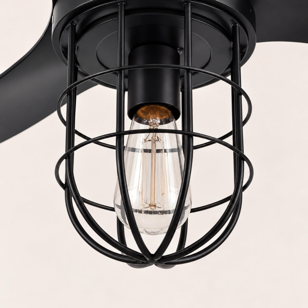Modern Ceiling Fan Flush Mount with Iron Cage Light Wood Blades Quiet DC Motor 6-Speed