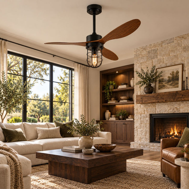 Modern Ceiling Fan Flush Mount with Iron Cage Light Wood Blades Quiet DC Motor 6-Speed