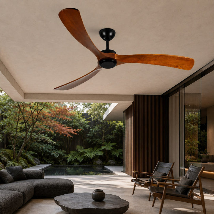 Modern Outdoor Ceiling Fan with Walnut Wood Blades IP65 Waterproof 6-Speed Quiet Motor