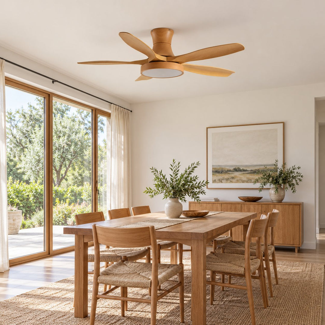 Modern Industrial Ceiling Fan Light Flush Mount Imitation Wood Blades Integrated LED