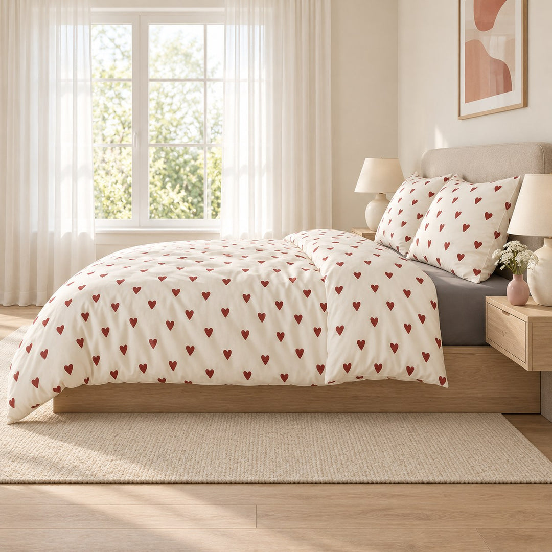 Vintage Aesthetic Bedding Set with Red Hearts Print Duvet Cover and Flat Sheet Cotton Material