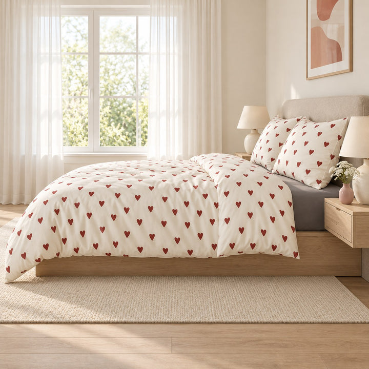 Vintage Aesthetic Bedding Set with Red Hearts Print Duvet Cover and Flat Sheet Cotton Material