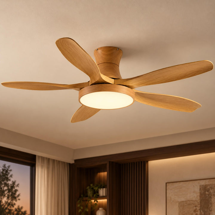 Modern Industrial Ceiling Fan Light Flush Mount Imitation Wood Blades Integrated LED