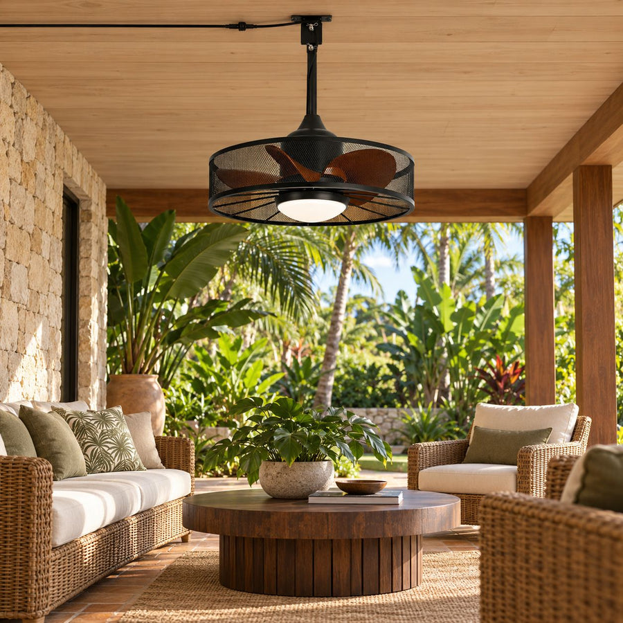 Rustic Outdoor Ceiling Fan with Light Flush Mount Iron Frame LED Colour Temperature Control in the verandah