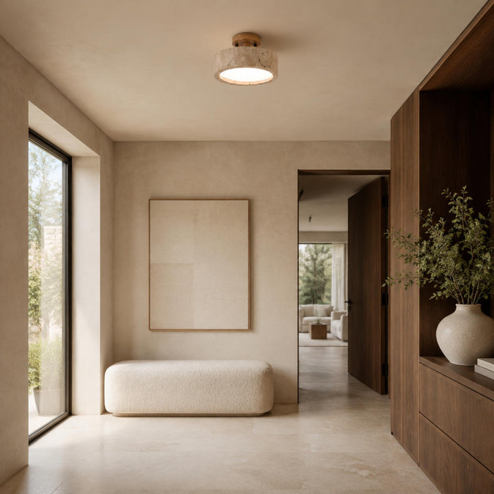Modern Round Flush Mount Ceiling Light Yellow Travertine LED Dimmable 20cm for Compact Spaces
