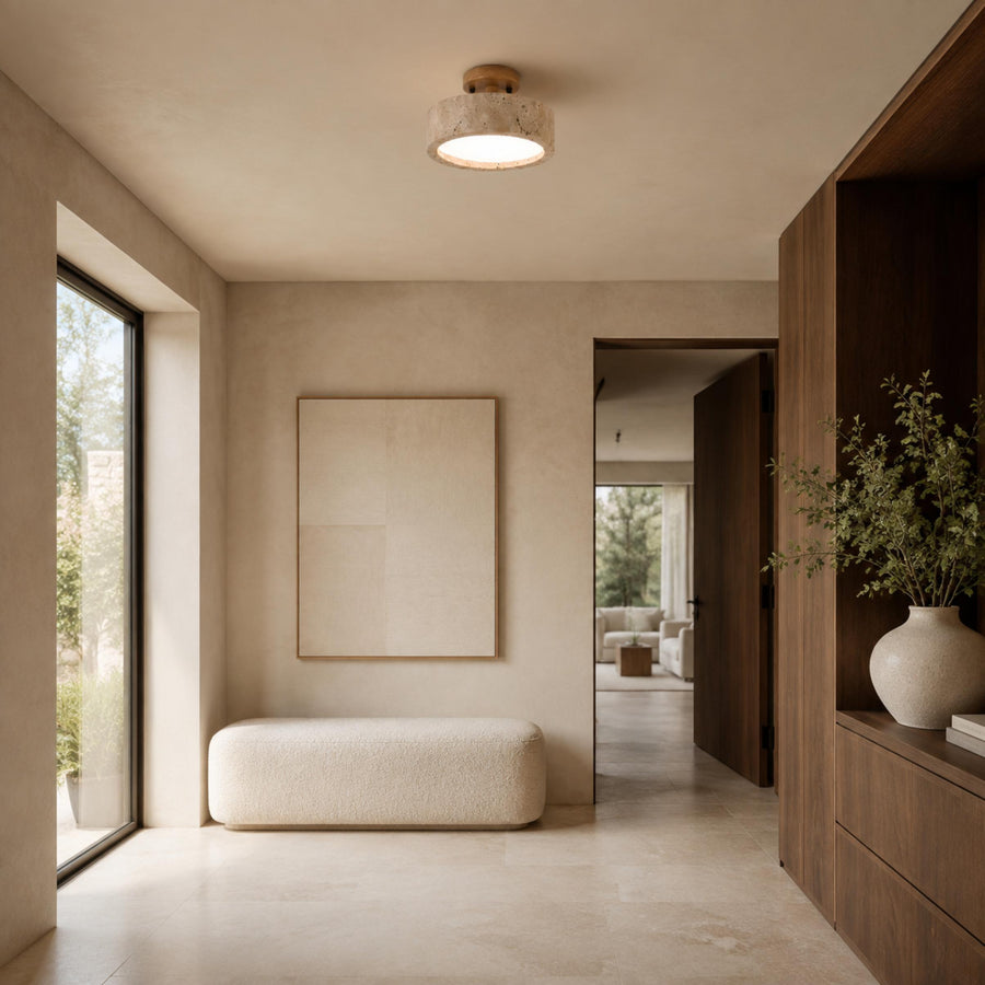 Modern Round Flush Mount Ceiling Light Yellow Travertine LED Dimmable 20cm for Compact Spaces in the hallway
