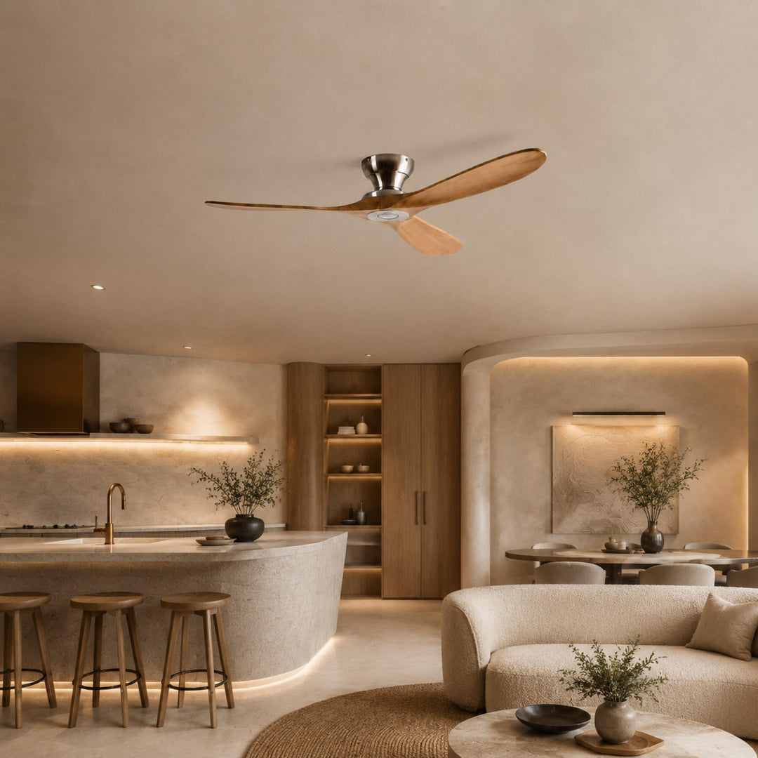 Modern Ceiling Fan with Wood Blades Flush Mount DC Motor 6-Speed Remote Control