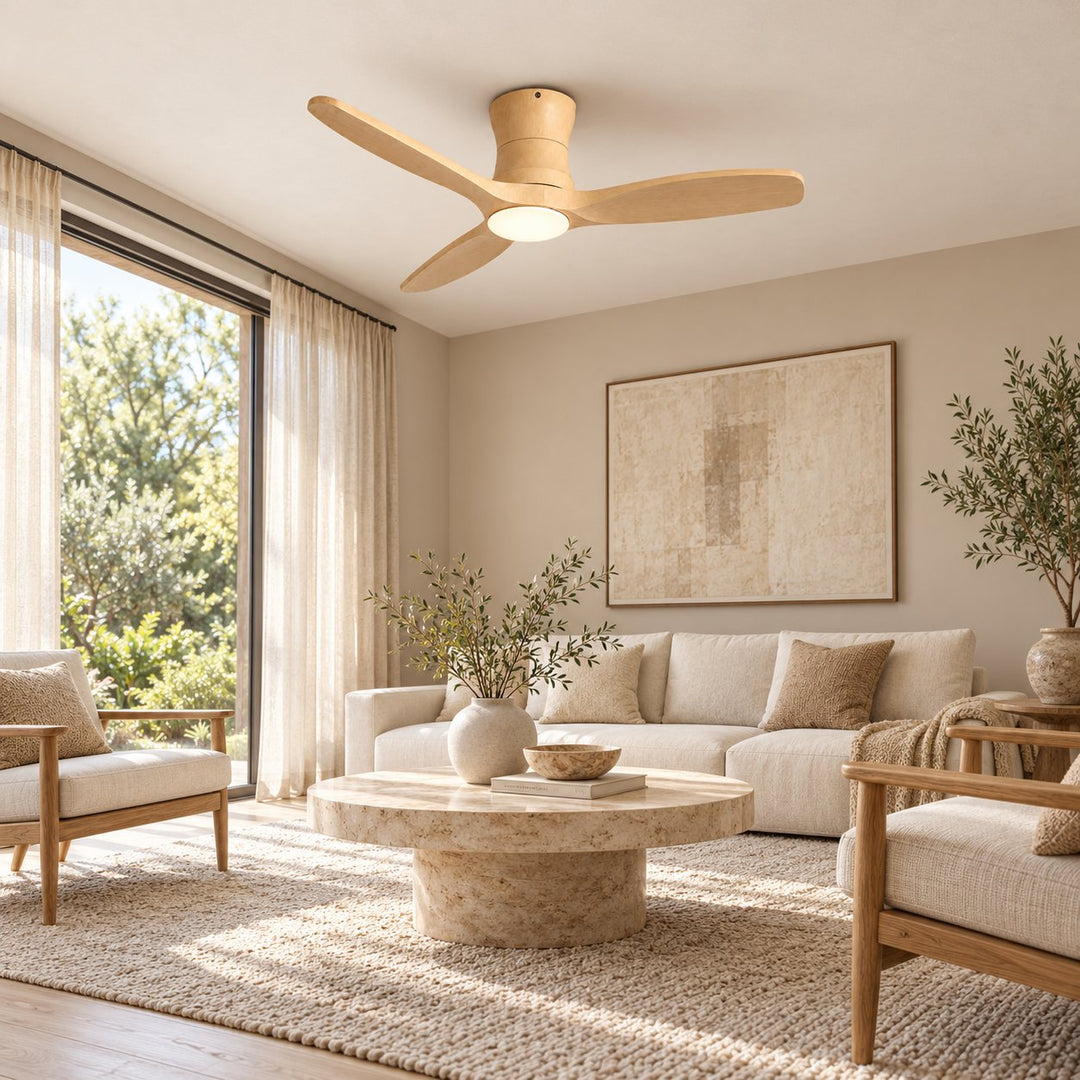 Modern Ceiling Fan Flush Mount Solid Wood Blades Integrated Dimmable LED Light Remote Control 52 Inch