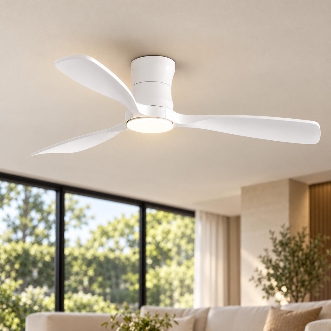Modern Ceiling Fan 48 Inch Flush Mount Solid Wood Blades Dimmable LED Light Remote Control
