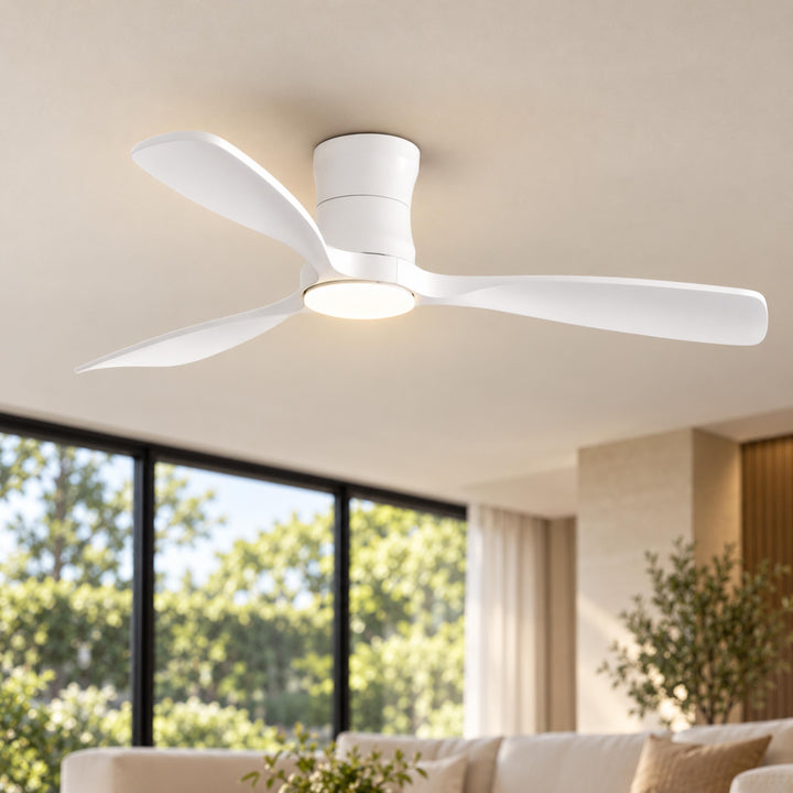 Modern Ceiling Fan 48 Inch Flush Mount Solid Wood Blades Dimmable LED Light Remote Control
