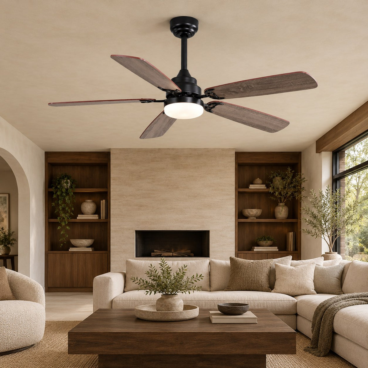 Modern Ceiling Fan Flush Mount Dual-Tone MDF Blades Matte Metal 18W LED 6-Speed DC Motor