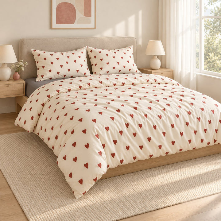 Vintage Aesthetic Bedding Set with Red Hearts Print Duvet Cover and Flat Sheet Cotton Material