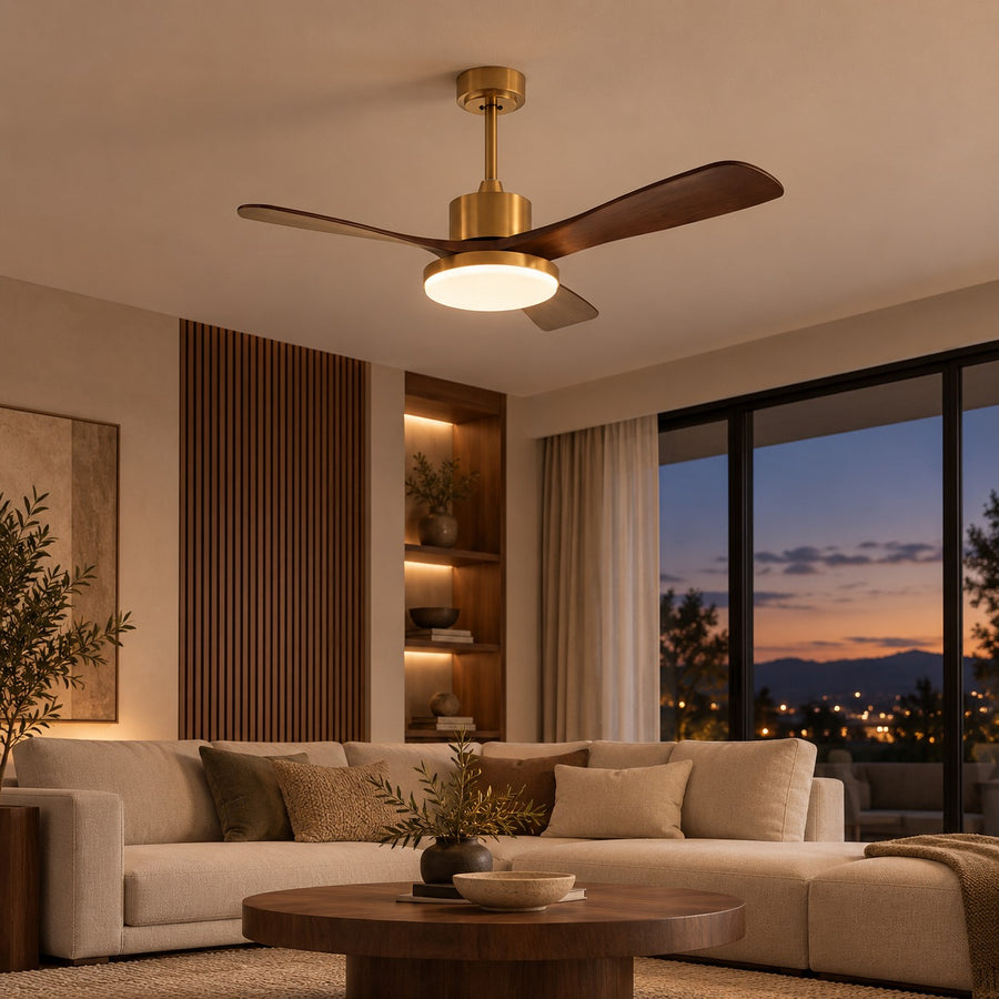 Modern Ceiling Fan with Integrated LED Lighting Flush Mount Design Wooden Blades 6-Speed Control in the living room