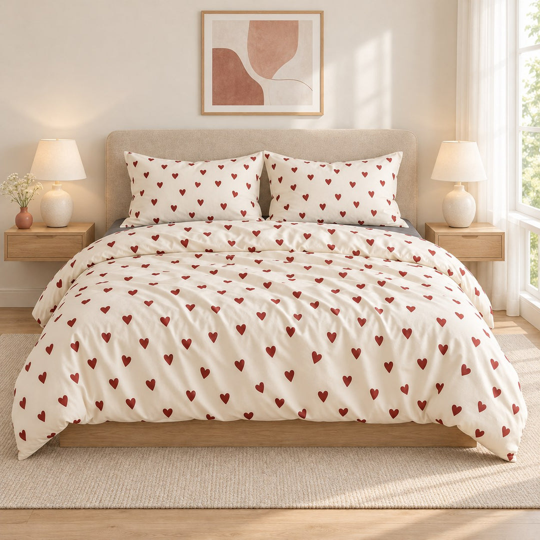 Vintage Aesthetic Bedding Set with Red Hearts Print Duvet Cover and Flat Sheet Cotton Material