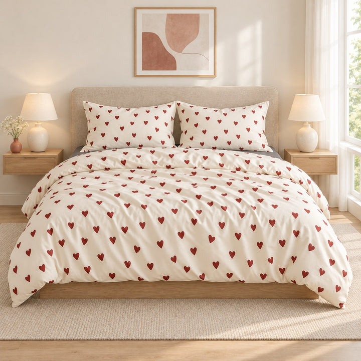 Vintage Aesthetic Bedding Set with Red Hearts Print Duvet Cover and Flat Sheet Cotton Material