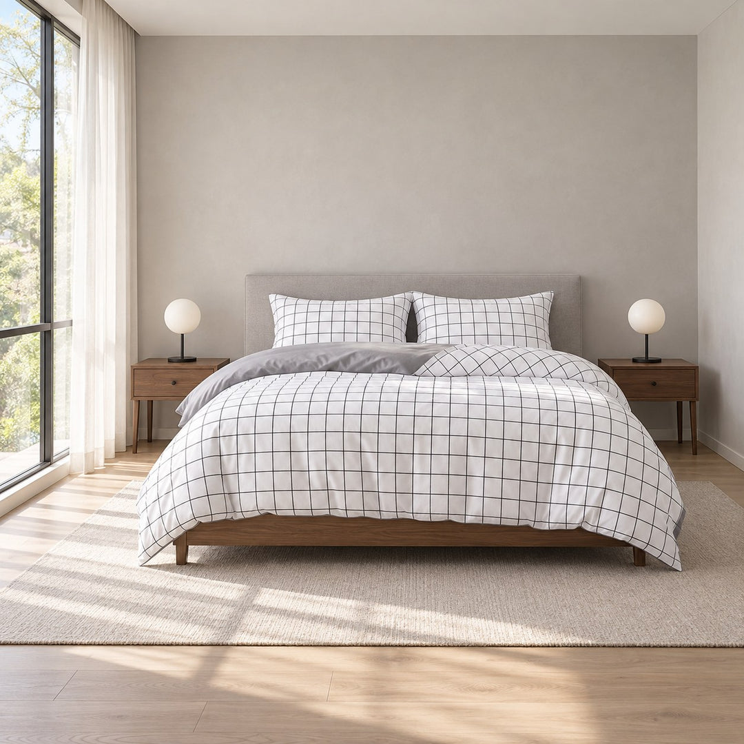 Modern Plain Grid Bedding Set Duvet Cover Flat Sheet and Pillow Cases Cotton Material