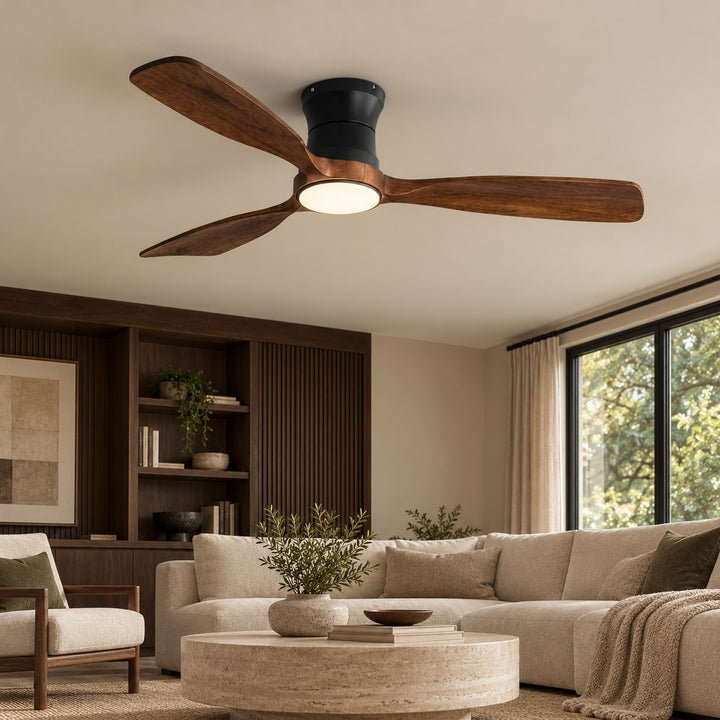 Modern Ceiling Fan 48 Inch Flush Mount Solid Wood Blades Dimmable LED Light Remote Control