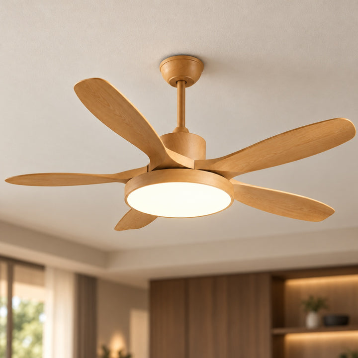 Modern Industrial Ceiling Fan Light Flush Mount Imitation Wood Blades Integrated LED