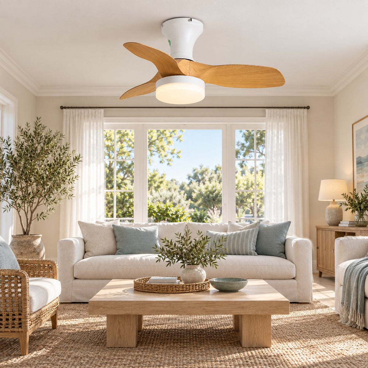 Modern Ceiling Fan Light Flush Mount Metal Frame ABS Blades Integrated LED Dimmable 6-Speed
