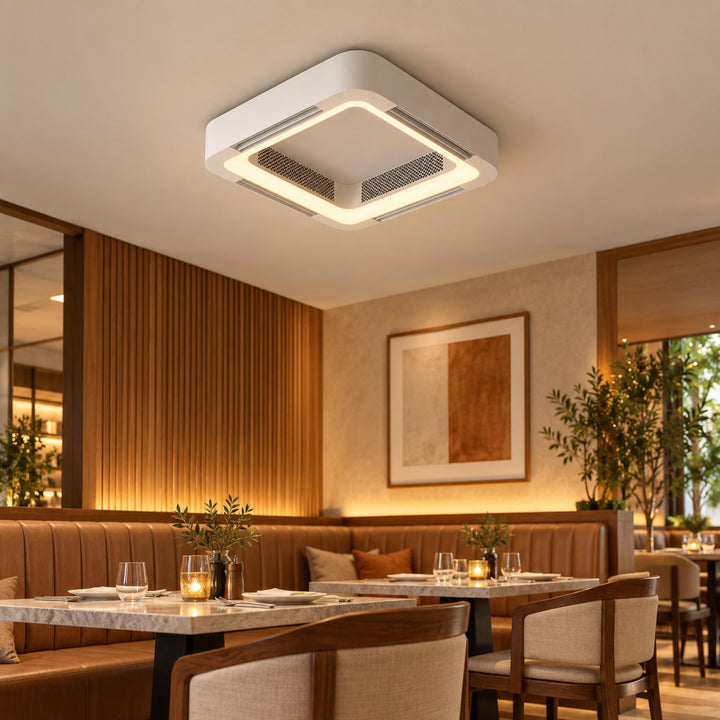 Modern Bladeless Ceiling Fan with Flush Mount Design Dimmable LED Light and Remote Control